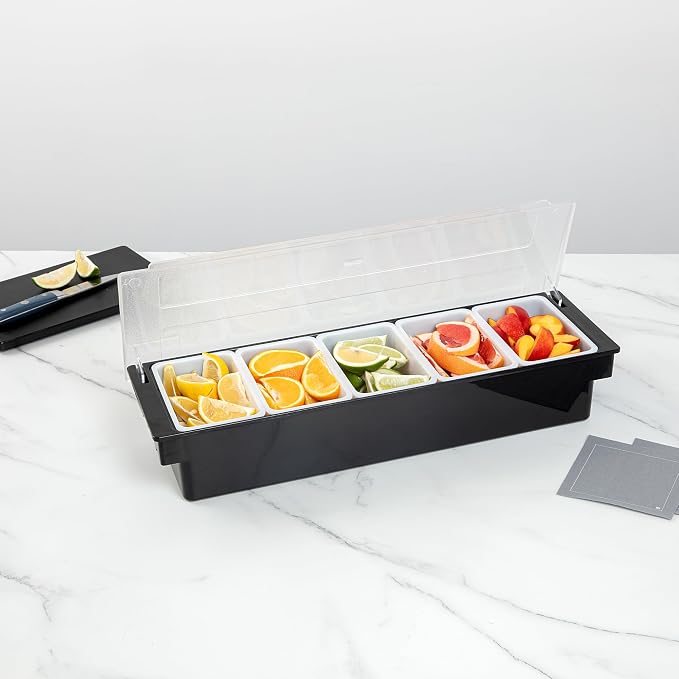 Restaurantware Bar Lux 19.6 x 6.3 x 3.7 Inch Condiment Caddy 1 Durable Bar Caddy - 5 Removable Compartments Built-In Lid Black Plastic Condiment Holder For Restaurant Store Cocktail Garnish - Image 3