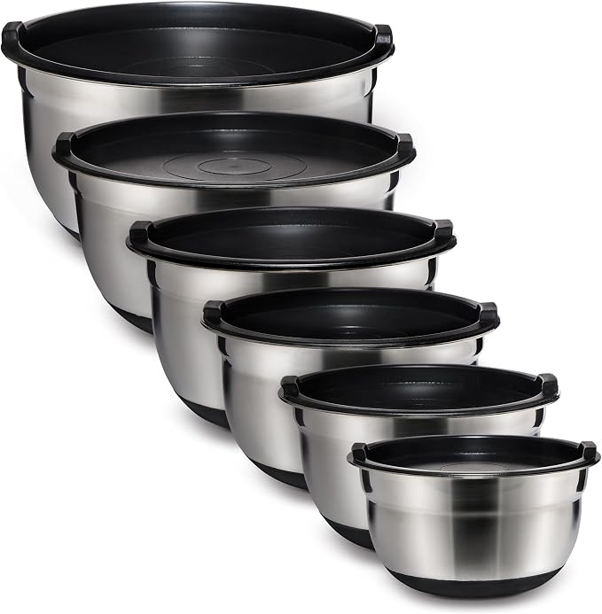 COOK WITH COLOR Stainless Steel Mixing Bowls Set with Lids - Nesting Bowls with Non-Slip Bottom, Black, 12 Pieces - Image 8