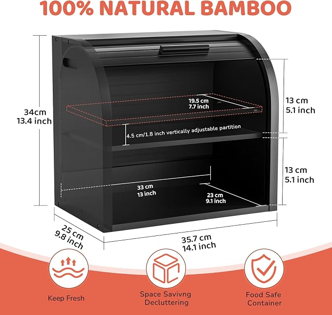 G.a HOMEFAVOR 2-Tier Bamboo Bread Box for Kitchen Counter, Black | Large Roll Top Bread Storage Container, Bread Holder Food Bin for Countertop, Self-Assembly - Image 3