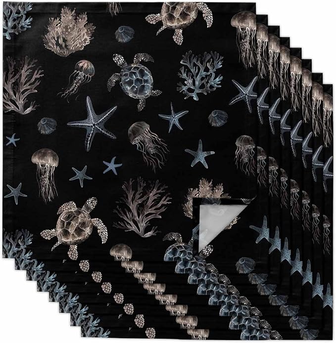 Coastal Black Cloth Napkins Set of 8 - Blue Sea Turtle Starfish Coral Ocean Jellyfish Washable Dinner Napkins Reusable Table Napkins for Party Weeding Dining Table Setting Decoration,Oversized 20"x20" by Unknown