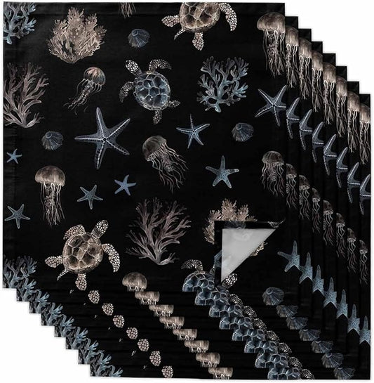 Coastal Black Cloth Napkins Set of 8 - Blue Sea Turtle Starfish Coral Ocean Jellyfish Washable Dinner Napkins Reusable Table Napkins for Party Weeding Dining Table Setting Decoration,Oversized 20"x20" by Unknown