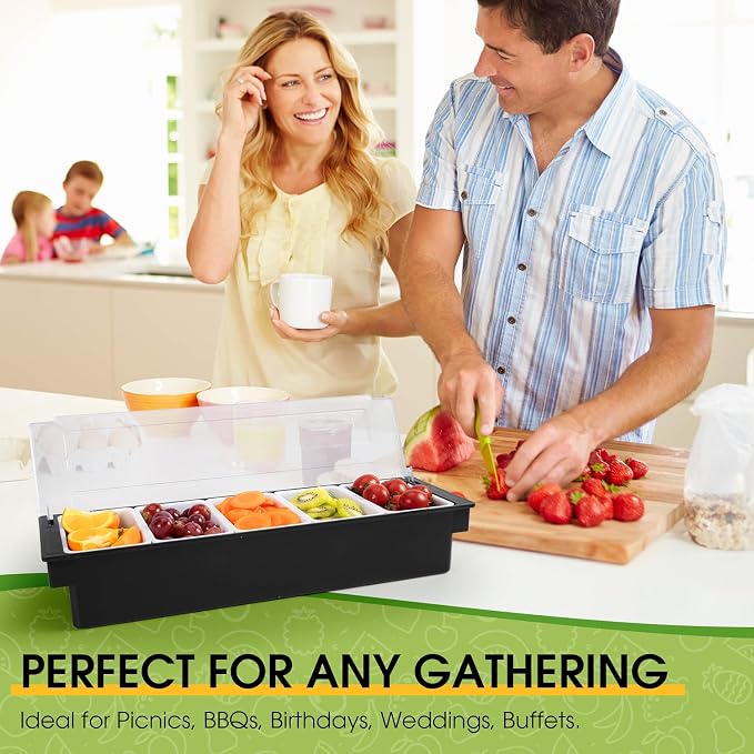 Fruit, Veggie & Condiment Caddy with Lid, 5 Removable Compartments, Ice-Cooled Garnish Tray for Bartenders, Pizza Topping Organizer, Taco Bar Cooler, Portable Condiment Serving Tray | Ice chamber, keeps fruit & toppings chilled, 5 separate sections, re... - Image 6