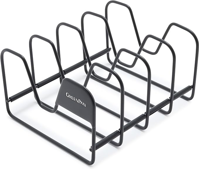 GreenPan Stainless Steel Wire Pots and Pans Lid Storage Rack, Holds 4 Lid Covers, Easy Storage, Countertop or Cabinent Organizer, Minimizes Clutter, Fast Drying, Wipes Clean, Black by GreenPan