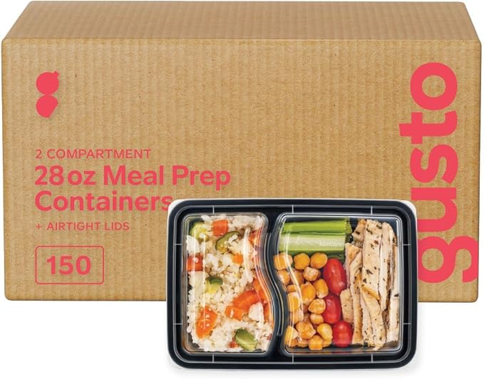 GUSTO 28 oz - 2 Compartment Meal Prep Containers with Lids – [Case of 150] Reusable, Microwaveable, Dishwasher & Freezer Safe, BPA-Free Food Storage Boxes for Portion Control (Formerly Comfy Package) by GUSTO