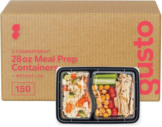 GUSTO 28 oz - 2 Compartment Meal Prep Containers with Lids – [Case of 150] Reusable, Microwaveable, Dishwasher & Freezer Safe, BPA-Free Food Storage Boxes for Portion Control (Formerly Comfy Package) by GUSTO