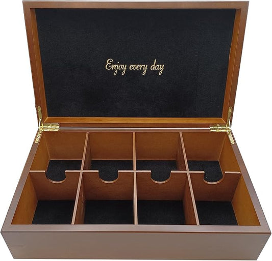 BJOYFUL&LOVED Wooden Tea Box, 8-Compartment Tea Organizer, Walnut Color | Removable Dividers Customize Storage for Tea Bags, Sugar Packets, Coffee Capsules, Jewelry, Watches and Small Accessories by BJOYFULLOVEDBJL