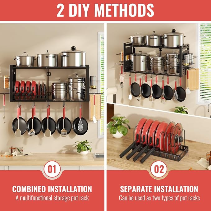 31 Inch Pot Rack Wall Mounted，3 in 1 Pots and Pans Organizer with 2 tier Kitchen Racks & Pot Lid Organizer Holder and 20 Hooks,Heavy Duty Hanging Pot Hanger for Kitchen Cookware, Utensils, Black - Image 4