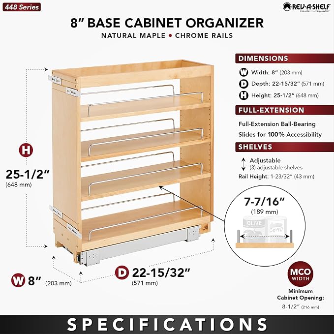 Rev-A-Shelf Pullout Kitchen Cabinet Organizer, Min Cabinet Opening 8.5" W | 8" W Slide Out Pantry Spice or Utensil Storage Rack with Adjustable Shelves for Base Cabinet Organization, 448-BC-8C - Image 3