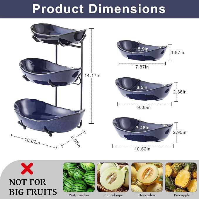 3 Tier Ceramic Fruit Bowl for Kitchen Counter | Tiered Fruit Basket for Countertop, Serving Tray for Food, Vegetable, Cake, Dessert in Party(Dark Blue) - Image 2