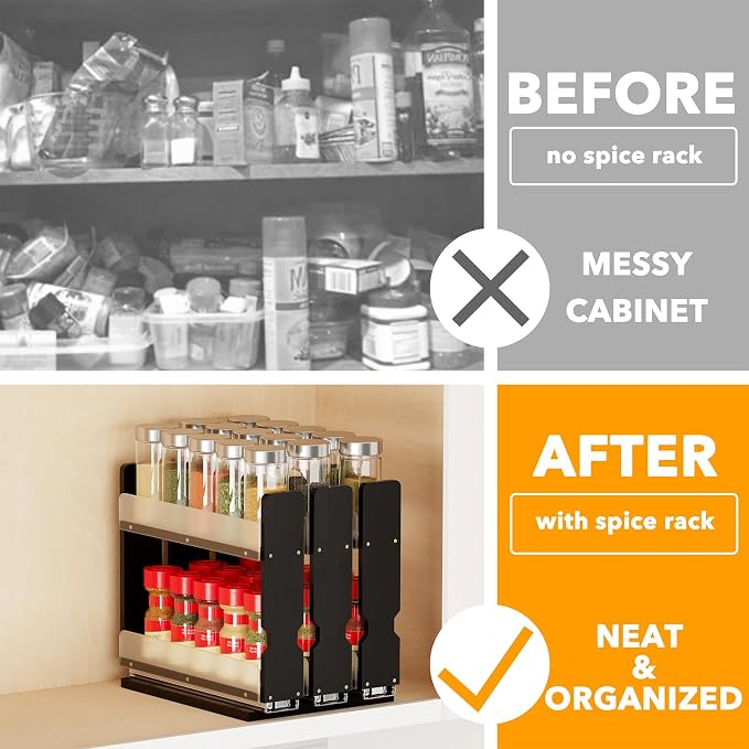 SpaceAid Bamboo Pull Out Spice Rack Organizer for Cabinet, Heavy Duty Slide Out Seasoning Kitchen Pantry Sliding Vertical Organization, 7.6" Wide, 3 Drawers(2" Wide), 2-Tier, Black - Image 2