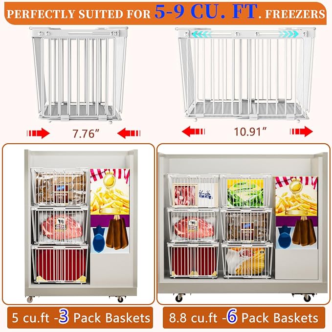 Large Freezer Organizer Bins for 5 to 9 Cu.Ft,4Pack , Leak-Proof Bottom | ANJUBANFreezer Organizer Bins, Stackable,expandable,foldable,With handle Wire Storage Container Baskets for Sort Frozen Meats - Image 5