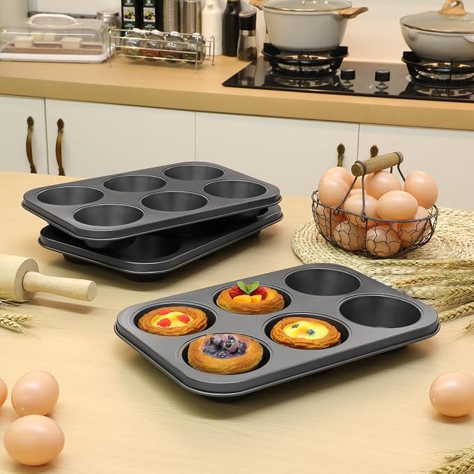 6 Pack Nonstick Jumbo Muffin Baking Pan Muffin Tins Heavy Duty Cupcake Tin Gold Carbon Steel Cup Cake Tray for Baking Cupcakes, Dishwasher Safe Small Muffins Tarts(Jumbo,Black) - Image 4
