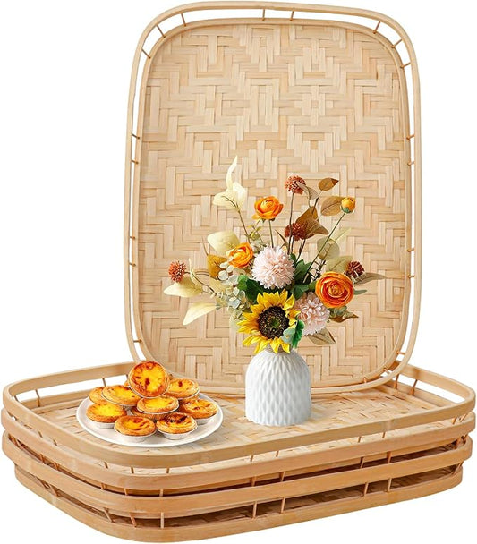 4 Pack Rectangular Bamboo Wicker Woven Tray with Handle, Bamboo Wicker Serving Trays for Eating, Kitchen, Table, Party by Geytetqi
