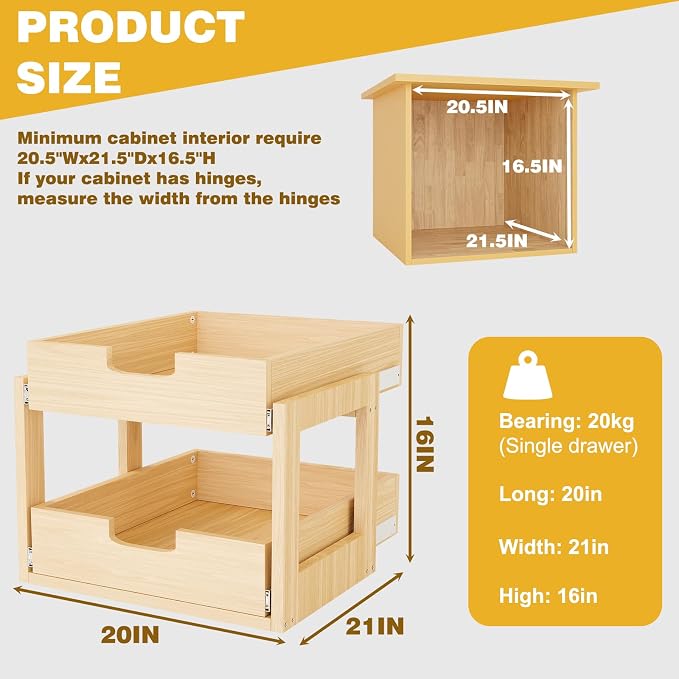 Pull Out Cabinet Organizer, 20''W×21''D×16''H Soft Close Slide Out Wooden Pull out Drawers, Double Tier Slide out Wood Cabinet Organizer, for Base Cabinet Organization in Kitchen, Pantry, Bathroom - Image 2