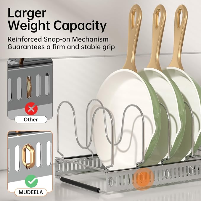 MUDEELA Expandable Pot Pan Lid Organizers inside Cabinet, 10 Divider-Silver | Expandable 11.8–22.9", 10 Adjustable Divider, Tool-Free Assembly, Non-Slip, Scratch-Proof, For Pan Lid Cutting Board Bakeware - Image 3