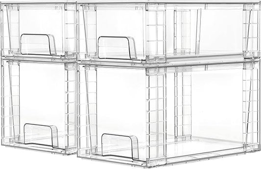 Vtopmart Clear Stackable Storage Drawers, 4 Pack Kitchen Cabinet Set | Medium and Small Pull-Out PET Drawers with Stackable Design for Kitchen Cabinets, Pantry, Under Sink, Medicine by Vtopmart