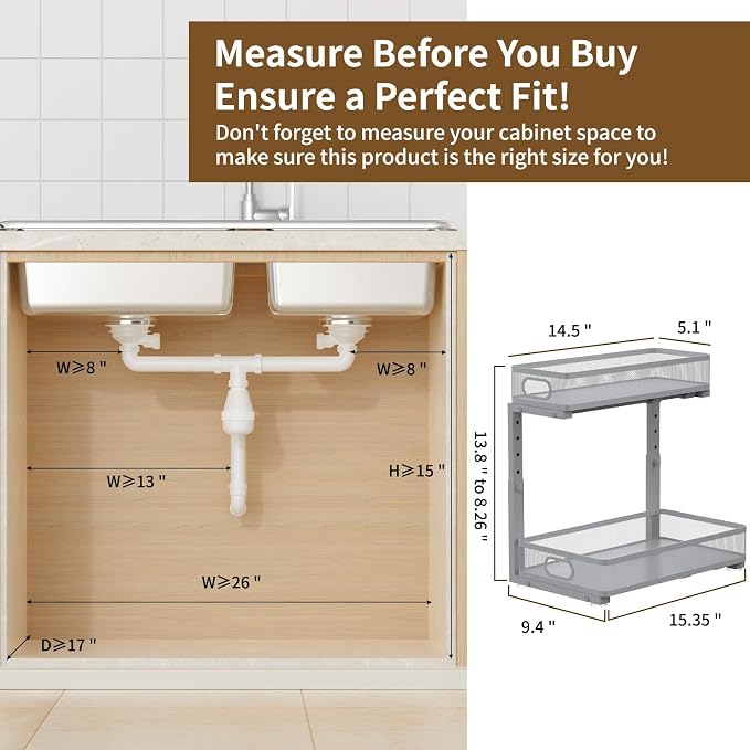 Under Sink Organizer 2 Pack, 2-Tier Slide Out Cabinet Organizer with Metal Sliding Drawer and Hooks, Pull Out Storage Baskets for Kitchen Bathroom Pantry Cabinet Organization (grey) - Image 2