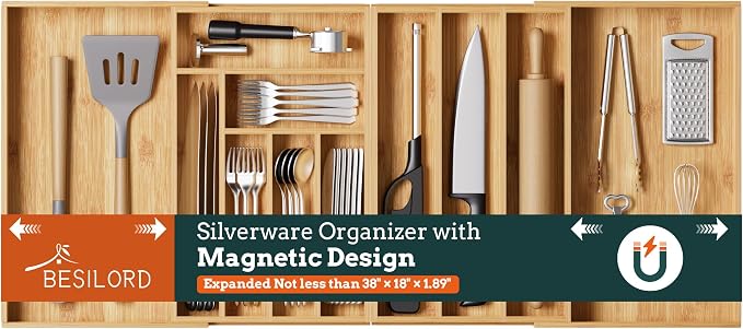 Bamboo Expandable Silverware Drawer Organizer, 11 Slots Utensil Holder | Magnetic Splice Design, Expandable 21-37.4 Inch, 11 Slots, Natural Bamboo, Large Capacity Kitchen Utensil Storage by Besilord