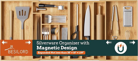 Bamboo Expandable Silverware Drawer Organizer, 11 Slots Utensil Holder | Magnetic Splice Design, Expandable 21-37.4 Inch, 11 Slots, Natural Bamboo, Large Capacity Kitchen Utensil Storage by Besilord