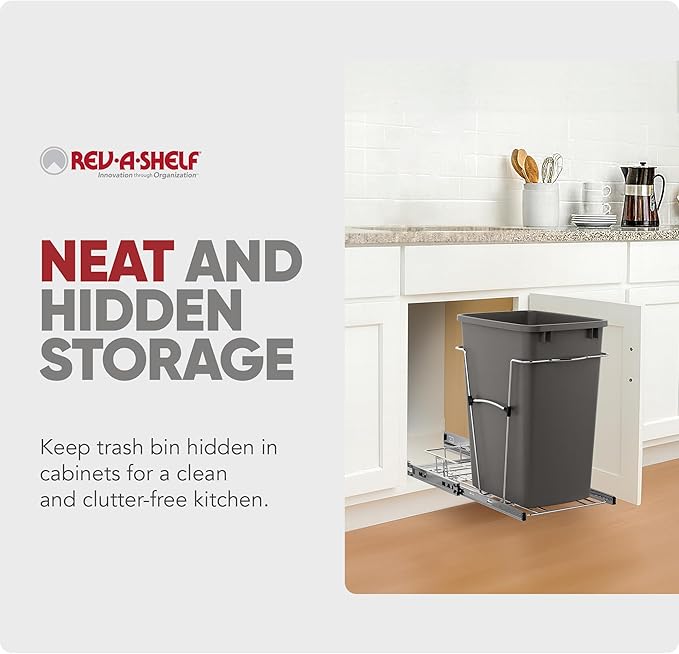 Rev-A-Shelf Single 35 Qt Pullout Trash Can for Base Kitchen Cabinets, Garbage Waste Bin System with Full Extension Slides, Min Opening Width of 11.5", Orion Gray, RV-12KD-13C-S - Image 5