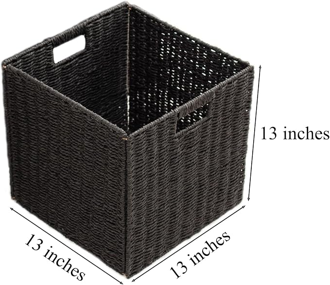 Handwoven Paper Woven Cube Basket Organizer with Handles set of 4 Foldable Storage baskets for Bedroom Living Room Cubby Storage Units for Clothes Books Toys (Black, 13" L x 13" W x 13" H) - Image 2