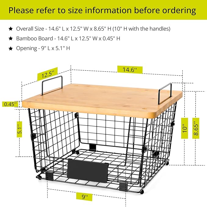 2 Set XXL Stackable Wire Basket with Bamboo Tops & Tag- Pantry Organizer and Storage Bins, Kitchen Counter Cabinet Shelf Countertop Under Sink Organizing, Food Snack Produce Onion Potato Bread Storage - Image 6