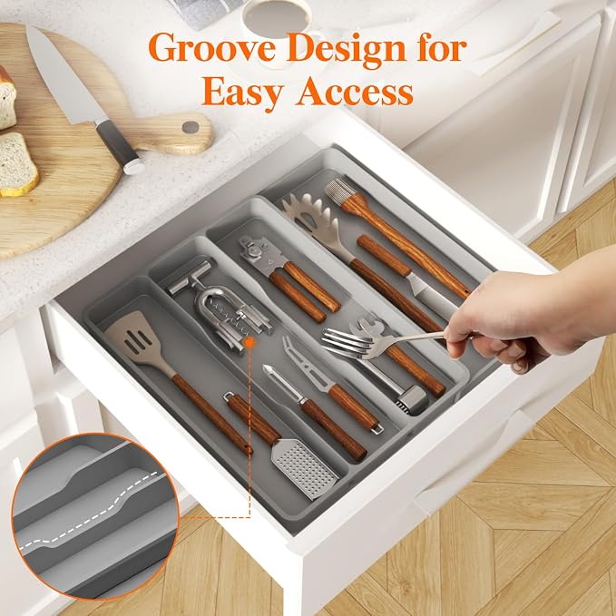 Lifewit Utensil Organizer for Kitchen Drawer, Expandable Cooking Silverware Tray, Adjustable Cutlery Flatware Holder, Plastic Spatula Tools Storage Divider, 17.3 x 15.8", Gray - Image 8