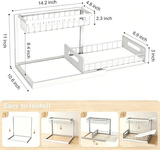 2 Pack Upgraded Under Sink Organizer, 2 Tier Pull out Kitchen Cabinet Organizer Metal Slide out Bathroom Organizers and Storage Makeup Drawer Organizer for Office Bedroom Restroom Living Room, L-White - Image 3