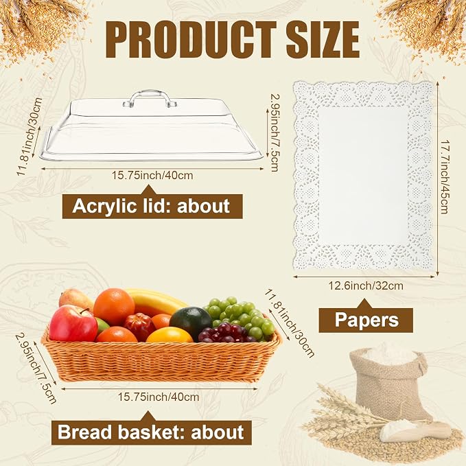 Mumufy 2 Packs Bread Baskets for Serving with Lid 15.75x11.81x2.95'' Imitation Rattan Fruit Storage Basket, and 50 Pcs Food Blotting Sheets for Baker Gift, Kitchen Counter Organization, Bread Display - Image 2