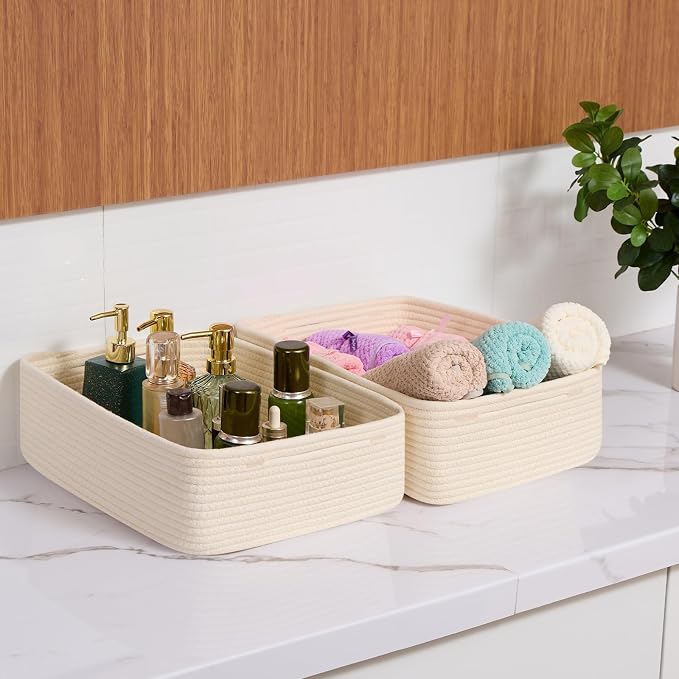 MiniArk Large Shallow Organizing Baskets 15x11x5.1 Inches - Rope Woven Storage Bins for Bathroom, Shelves, Cube Closet, Beige 2 Packs - Image 6