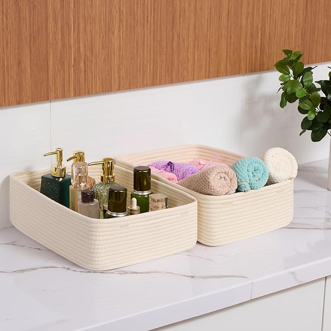 MiniArk Large Shallow Organizing Baskets 15x11x5.1 Inches - Rope Woven Storage Bins for Bathroom, Shelves, Cube Closet, Beige 4 Packs - Image 6
