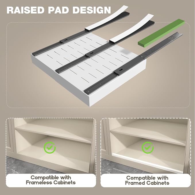 Seinloes 2 Pack Pull Out Cabinet Organizer 19" Deep,Full Extension 3 Slide Rails Slide Out Drawers With Raising Pad for Framed Cabinets,Expandable Width (12.3"-20.5"),No Drill Roll Out shelf,White - Image 3