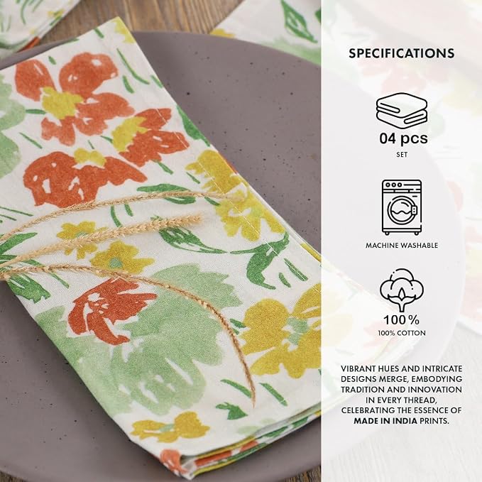 Floral Cotton Cloth Napkins Set of 4, 18 x 18 Inch Reusable Washable Dinner Napkins, Printed Fabric Table Napkins for Dining, Parties, Holidays & Everyday Use - Image 4