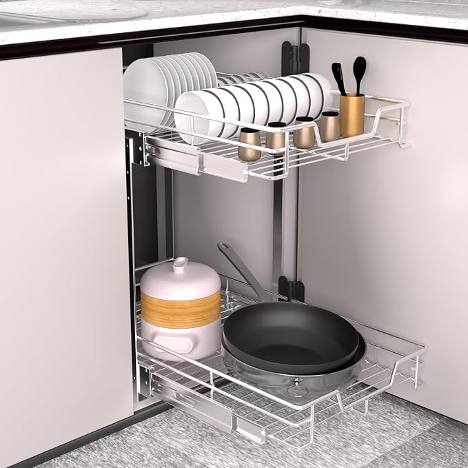 EZKAZA Pull Out Cabinet Organizer 14.5" W x 21" D, 2-Tier Kitchen Cabinet Pullout Shelf and Drawer Organizer Slide Out Pantry Storage Basket, 12.2" W x 21" D x 2.4" H for Bottom Basket Size - Image 5