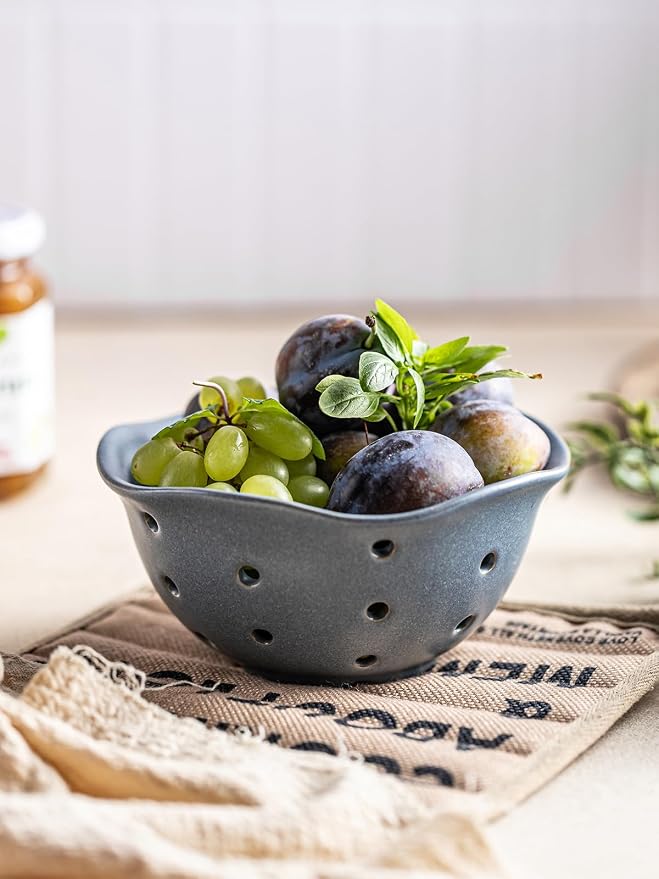 Gomakren Ceramic Berry Basket Set of 2, Elegant Fruit Bowl with Holes for Kitchen Counter, 6 Inch, Berries, Strawberry, Grape, Cherry, Floral Shape, Slate Blue, Dishwasher Safe - Image 6