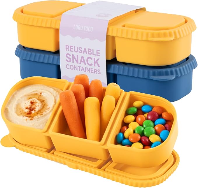 2 Pack Silicone Snack Containers, 3-Compartment Snackle Box with Leak Proof Lids, Reusable Small Divided Food Storage for Kids Lunch, School Travel Adults by LOROTOCO