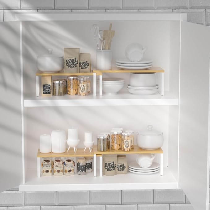 NEX Kitchen Cabinet and Counter Shelf Organizer, Stackable & Expandable, Set of 4, White and Natural - 7.7 x 15.6 x 6.2'' | Stackable Expandable Spice Rack, Space-Saving Pantry Organizers Bathroom Countertop Storage, White and Natural - Image 2