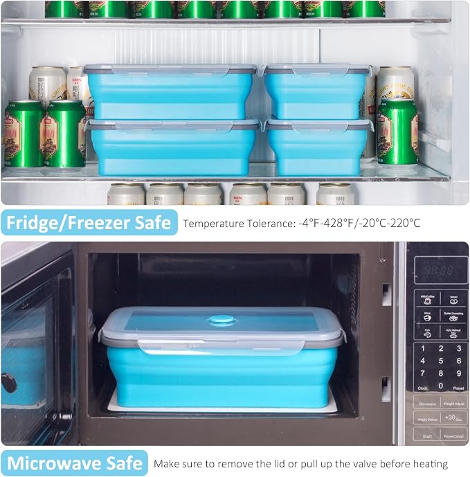 Extra Large Collapsible Food Storage Containers with Lid & Air Vent, 81 oz, 4 Pack, XXL Collapsible Marinade Container BBQ Prep Foldable Silicone Containers, Microwave Freezer Dishwasher Safe, Blue - Image 4