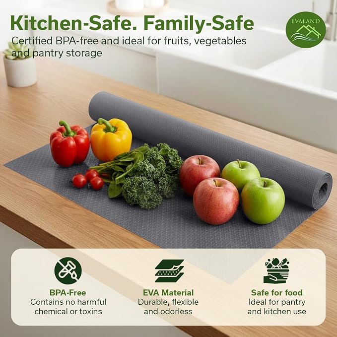 EVALAND Shelf Liner Cabinet Liner Non-Adhesive Drawer Liner 17.7 in x 33 FT | Non-Slip, Washable, Waterproof, Fridge Liners, Contact Paper, Shelf Liners for Cabinets, Kitchen, Refrigerator, Gray - Image 6