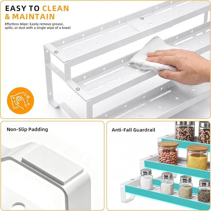 2 Pack Spice Rack Organizer for Cabinet, 13-21.5" Expandable Spicy Shelf | 9.45" Depth 3-Tier White Metal Seasoning Organizer, Kitchen Spice Organization, Slip-Resistant Guardrails for Jars and Cans - Image 5