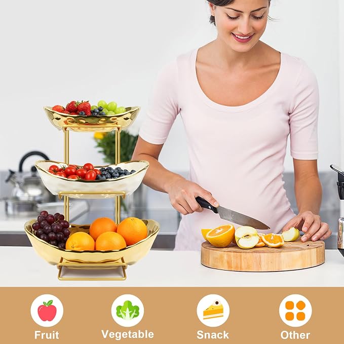 Fruit Bowl for Kitchen Counter with Metal Stand, 3 Tier Fruit Basket for Counter, White Gold Ceramic Fruit Bowl, Detachable Rack for Fruit Vegetable Snack Dessert Storage (Gold) - Image 6