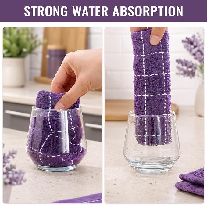 Kitinjoy 100% Cotton Terry Kitchen Towels, 13”x 28”, 8-Pack, Purple | Checkered Designed, Ultra Soft Absorbent Quick Drying Dish Towels - Image 5