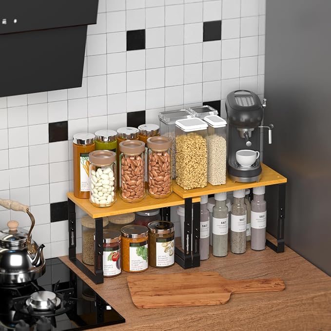 Expandable Kitchen Cabinet Organizer Shelves – Stackable Adjustable Metal and Wood Storage Racks for Countertop, Pantry, Garage Set of 2 Spice Rack – Easy Assembly, Space-Saving(2 Packs/Medium/Black) - Image 2