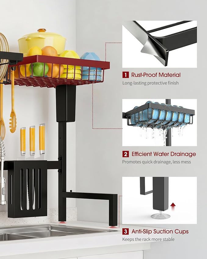 Sakugi Dish Drying Rack Over The Sink, Dish Drainer for Kitchen Counter | Stainless Steel Storage Organizer with Utensil Knife Holder & Hooks, Adjustable 11"D x 30.5"~34''W x 21.5" H, Black - Image 3