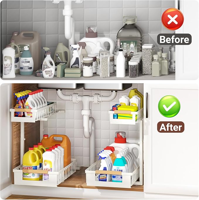 Under Sink Organizer, 2 Tier Pull Out Cabinet Organizer with 5 Adjustable Heights, Metal Under Sink Storage with Sliding Drawers for Kitchen, Bathroom, Pantry and Laundry Room, 4-Pack White - Image 4
