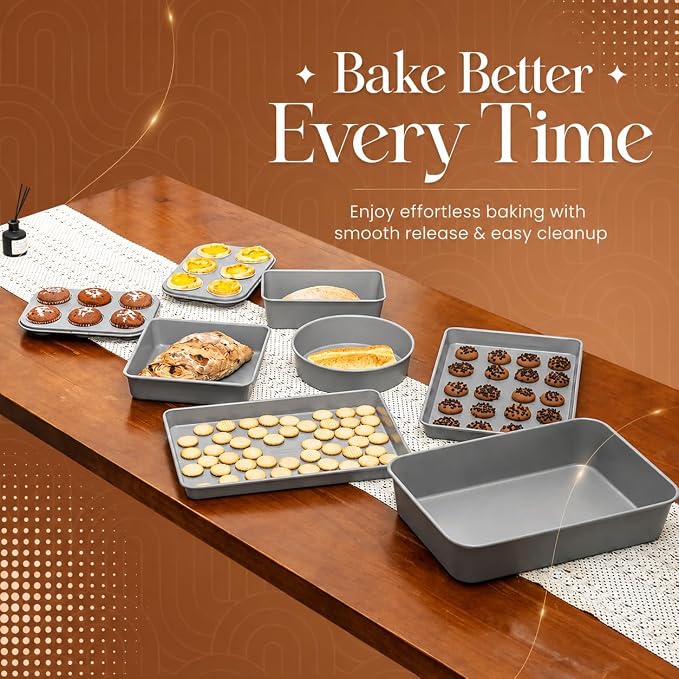 Nonstick Bakeware Set 8 Piece - Stackable Baking Pan Set, Oven safe 450°F, Carbon Steel Baking Set with Muffin, Loaf, Cookie Sheets & Roaster, Easy Storage, BPA-Free (Gray) - Image 4