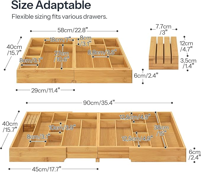 HOOBRO Large Silverware Organizer Kitchen Drawer Organizer, Magnetic Connected Expandable Utensil Organizer From 22.8 to 35.4 Inches, Bamboo 16 Slots Cutlery Tray with Knife Holder, Natural YL07TL01 - Image 2
