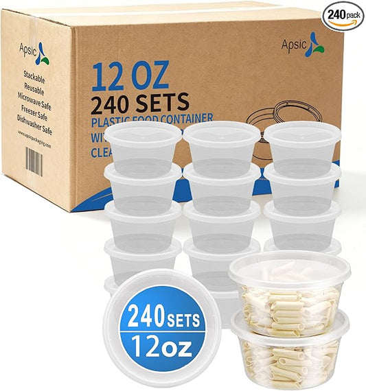 Plastic Deli Containers with Lids, 240 Sets 12 oz Leakproof Soup Cups | BPA-Free, Microwave Freezer Safe, Sturdy and Airtight, Crack-Proof for Takeout, Meal Prep, Slime, Leftovers Storage by Apsic