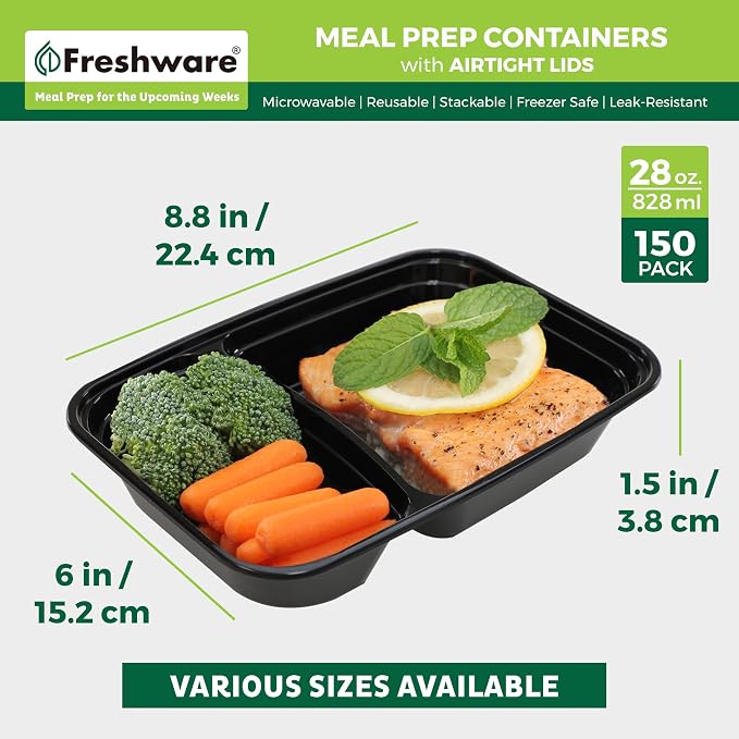 Freshware Meal Prep Containers with Lids 28 oz [150 Pack] 2-Compartment Food Storage Containers, Bento Box Lunch Containers, BPA Free, Airtight, Stackable, Reusable, Microwave/Dishwasher/Freezer Safe - Image 4