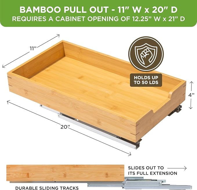 HOLDN’ STORAGE Bamboo Wooden Pull Out Cabinet Organizer 11"W x 21"D | Bamboo Tray and Heavy Gauge Metal Rails, W/Lifetime Limited Warranty, Fits 12.25"W x 21"D Cabinets - Image 3